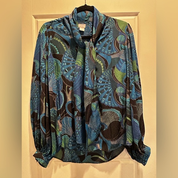 Chico's Tops - Chico's Satin Tie-Neck Long Sleeve Peacock Blue Green Print Blouse